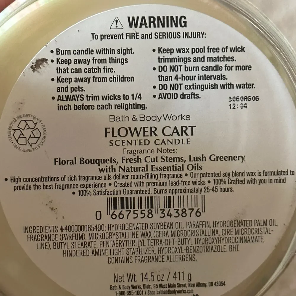 new! Bath & Body Works Flower Cart Glass Lid 3-Wick Candle Spring Green - Picture 3 of 5